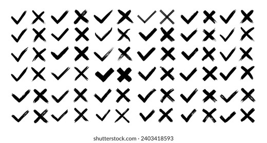 Dirty grunge hand drawn with brush strokes cross X and tick OK check marks V vector illustration set isolated on white background. Check mark symbol NO and YES buttons for vote in the box, web, etc