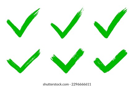 Dirty grunge hand drawn tick v with brush strokes vector illustration set isolated on white background graphic design. Check mark symbol YES button for vote in check box, web, etc.
