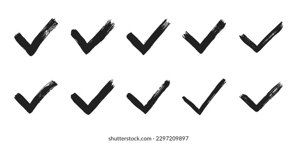 Dirty grunge hand drawn tick v with brush strokes vector illustration set isolated on white background graphic design. Check mark symbol YES button for vote in check box, web, etc.