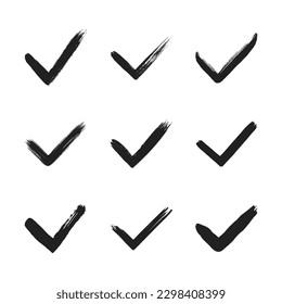 Dirty grunge hand drawn tick v with brush strokes vector illustration set isolated on white background graphic design. Check mark symbol YES button for vote in check box, web, etc.