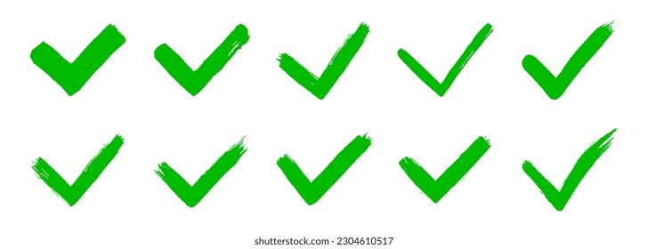 Dirty grunge hand drawn tick v with brush strokes vector illustration set isolated on white background mark graphic design. Check mark symbol YES button for vote in check box, web, etc.