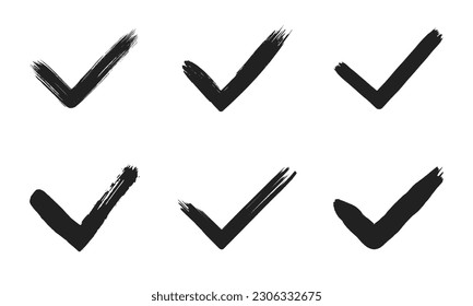 Dirty grunge hand drawn tick v with brush strokes vector illustration set isolated on white background graphic design. Check mark symbol YES button for vote in check box, web, etc.
