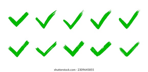 Dirty grunge hand drawn tick v with brush strokes vector illustration set isolated on white background mark graphic design. Check mark symbol YES button for vote in check box, web, etc.