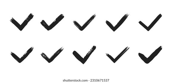 Dirty grunge hand drawn tick v with brush strokes vector illustration set isolated on white background graphic design. Check mark symbol YES button for vote in check box, web, etc.