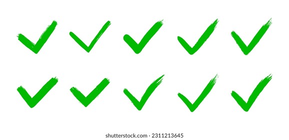 Dirty farbige, handgezeichnete Zecke v mit Pinselstrichen Vektorgrafik einzeln auf weißem Hintergrund markieren Grafik-Design. Markierungssymbol JA für Abstimmung in Kästchen, Web, etc. markieren.