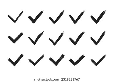 Dirty grunge hand drawn tick v with brush strokes vector illustration set isolated on white background graphic design. Check mark symbol YES button for vote in check box, web, etc.