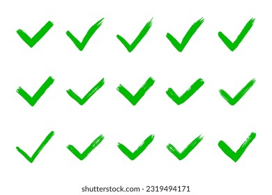 Dirty grunge hand drawn tick v with brush strokes vector illustration set isolated on white background mark graphic design. Check mark symbol YES button for vote in check box, web, etc.