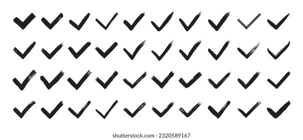 Dirty grunge hand drawn tick v with brush strokes vector illustration set isolated on white background graphic design. Check mark symbol YES button for vote in check box, web, etc.