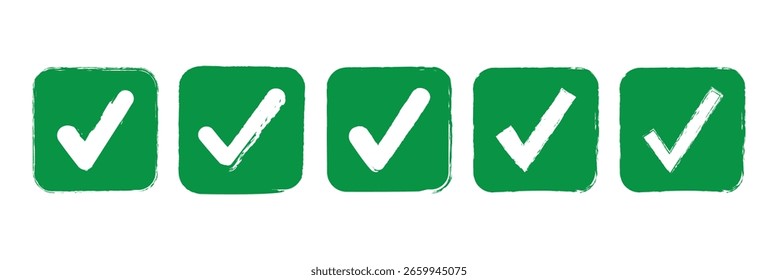 Sucio grunge dibujado a mano tick v con pinceladas conjunto de Ilustración vectorial aislado en el Diseño gráfico de marca de fondo blanco. Marque la casilla SÍ Botón para votar en la casilla de verificación, Web, etc.