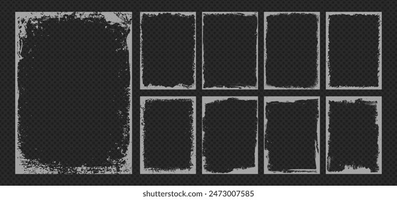 Dirty grunge overlay texture, frame, border or background collection with ink paint brush stroke. Retro grunge frame pattern, crack wall or silhouette art. Vector torn paper for social media business.