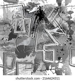 Dirty hand drawn brush strokes seamless pattern. Textured spotted black and white watercolor background. Doodle lines, brush strokes, ancient greek style symbols, signs, splash. Rough grunge texture.