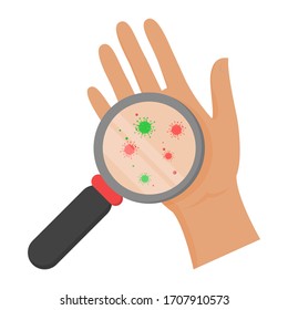 Dirty hand vector isolated. Microbes on the hand palm are visible through magnifier glass. Risk of infection, personal hygiene.