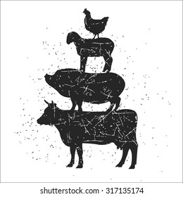 Dirty hand-drawn poster, farm animals. Cow, pig, lamb and chicken are on top of each other. Vector typography.