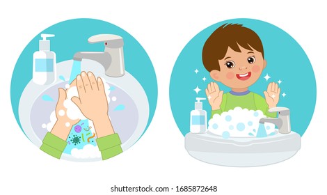 Dirty hands, clear hands, before and after, hygiene vector icons in the circle. Wash you hands banner for kids. Boy in the sink. Vector illustration of washing hands with soap.