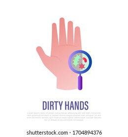 Dirty hands: hand bacterias under magnifier. Gradient icon. Heathcare and medical vector illustration.