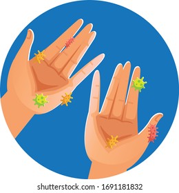 Dirty hands. Palm in a dirty circle, Magnified picture of the corona virus, bacteria, and E. coli on the hand. Vector illustration isolated on white background.