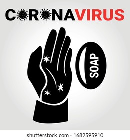 Dirty hands and soap. Black vector icon on a white background. Symbol of hygiene and hand washing. Coronavirus 2019-nCoV. The epidemic of viral infection COVID-19. Coronovirus Prevention