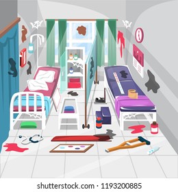 Dirty Health Unit in the School with mattress, emergency and soft medicine on clean cupboard for Cartoon Vector Illustration Interior