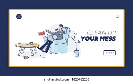 Dirty home lifestyle landing page with lazy guy throwing waste around messy living room eating junk food while sitting on armchair with laptop. Cartoon linear vector illustration