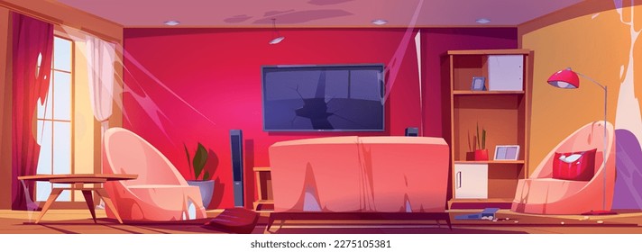 Dirty home, old living room interior with broken tv and furniture. Messy abandoned apartment with couch, television, chairs, torn curtains, garbage and spiderweb, vector cartoon illustration