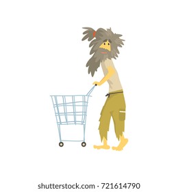 Dirty homeless man character pushing empty shopping cart, unemployment male beggar needing help vector illustration
