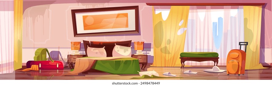 Dirty hotel bedroom with dusty furniture. Vector cartoon illustration of travel suitcases in messy room with large bed, torn curtains on windows with cityscape view, cobweb on walls, untidy apartment