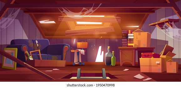 Dirty house attic with old furniture and cardboard boxes. Vector cartoon interior of attic room in abandoned building with broken wall and roof, chair, table, books and torn couch