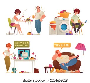 Dirty household cartoon composition set with people in messy conditions isolated vector illustration