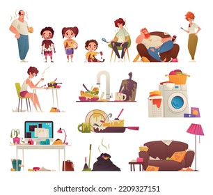 Dirty Household Cartoon Icons Set With Messy Clothes Dishes And Kids Isolated Vector Illustration