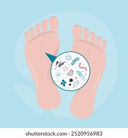 Pie humano sucio, varios microorganismos y bacterias en los pies. Condiciones insalubres, varios patógenos y parásitos en un pie sin lavar. Cuidado de la salud, microbiología. Vista de cerca. Ilustración vectorial