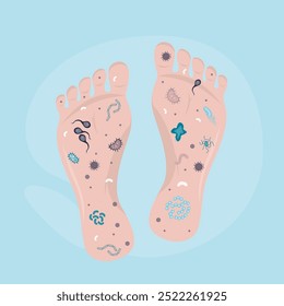 Pie humano sucio, varios microorganismos y bacterias en los pies. Condiciones insalubres, varios patógenos y parásitos en un pie sin lavar. Cuidado de la salud, microbiología. Ilustración vectorial plana