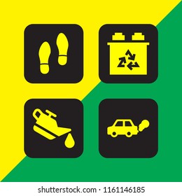 dirty icon. 4 dirty set with car oil, human shoes footprints, car battery and contamination vector icons for web and mobile app