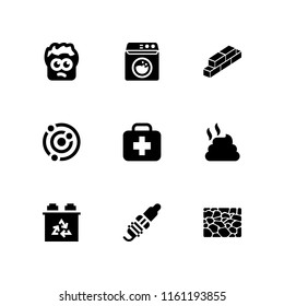 dirty icon. 9 dirty set with car battery, stone, treatment and physics vector icons for web and mobile app