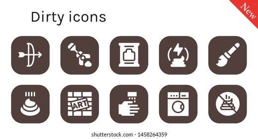 dirty icon set. 10 filled dirty icons.  Collection Of - Arc, Poop, Wipes, Manure, Broomstick, Poo, Graffiti, WASHING HANDS, Laundry, No poop