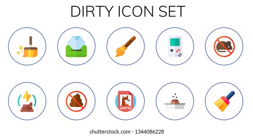 dirty icon set. 10 flat dirty icons.  Simple modern icons about  - broom, manure, wipes, no pooping, wanted, gameboy, poop, no rodents