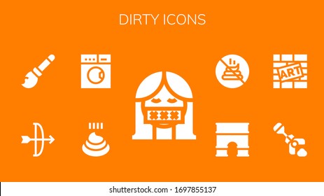 dirty icon set. 9 filled dirty icons.  Simple modern icons such as: Censor, Poo, Laundry, Arc, Broomstick, Poop, Graffiti, No poop