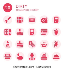 dirty icon set. Collection of 20 filled dirty icons included Broom, Litter box, Laundry basket, Washing dishes, Gameboy, Graffiti, Wipes, Cockroach, Dung, WASHING HANDS, Maid