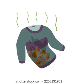 Chaqueta sucia o cardigan. La ropa de los hombres cálidos necesita lavarse. Manchas y suciedad. Elemento de lavandería