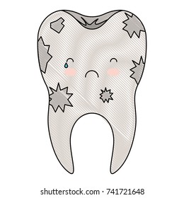 dirty kawaii tooth with root in colored crayon silhouette vector illustration