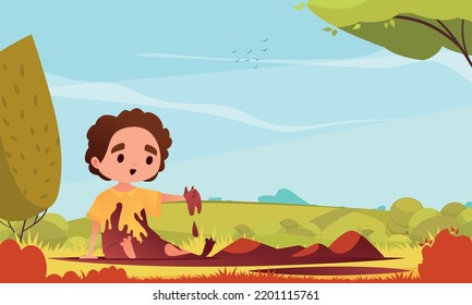 Dirty Kid Cartoon Poster With Boy Sitting In Mud Puddle Vector Illustration