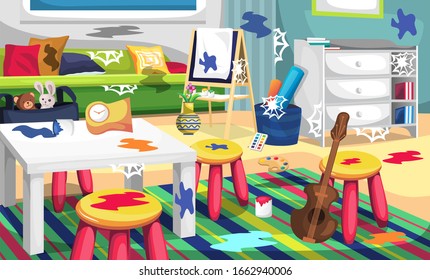 Dirty Kids Art Room and Child Playground with Color Palette, Canvas Painting, Biola, Dools, Pillow and Green Sofa for Vector Illustration Interior Design Ideas