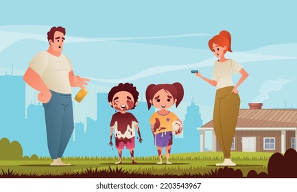 Dirty kids cartoon concept with boy and girl covered with mud and their parents vector illustration