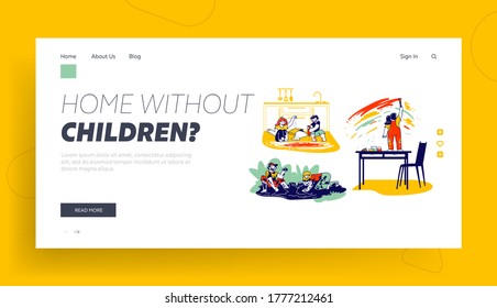 Dirty Kids Landing Page Template. Naughty Children Characters Make Mess, Boys and Girls Playing in Puddle, Fooling at Home Pouring Flour on Floor, Bad Behaviour. Linear People Vector Illustration