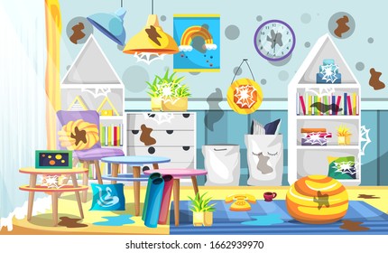 Dirty Kids Landscape Clean Room with Scandinavian Furniture Style, Ceiling Lamps, Artificial Plants, Clock, Table and Chairs for Vector Illustration Interior Design