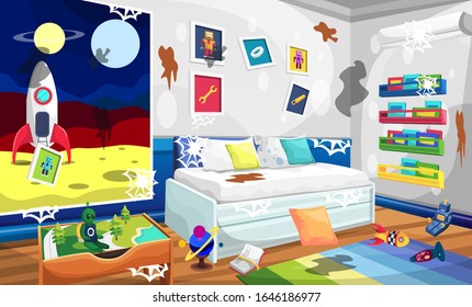 Dirty Kids Room with Relaxing Sofa, Rocket Space Picture, Robot Alien Wall Picture, Books and Table for Vector Illustration Interior Design Ideas