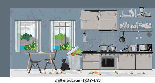 Dirty kitchen after cooking composition with dirt unwashed. Dirty kitchen full or waste in kitchen flat vector illustration.
