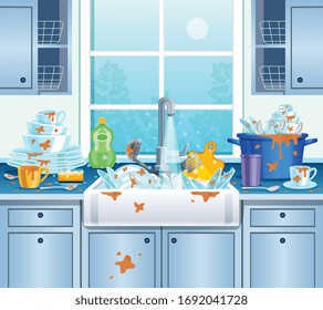 Fondo sucio de cocina con tazas de placas e ilustración vectorial plana de jabón 