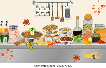 Dirty kitchen, dirty dishes, disorder inside, food everywhere, untidy, unclean, flies on food, stains, vector illustration, mess, cartoon drawing
