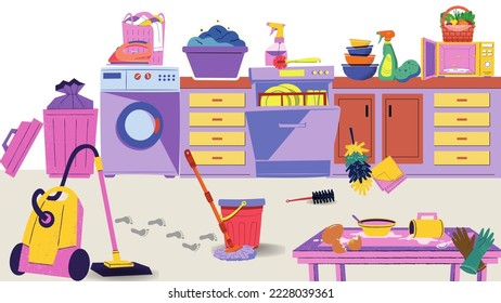 Dirty kitchen, dirty dishes, turmoil indoors, dirty clothes, messy kitchen utensils, cleaning time, vector illustration, mess, cartoon drawing