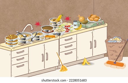 Dirty kitchen, dirty dishes, turmoil indoors, dirty clothes, messy kitchen utensils, cleaning time, vector illustration, mess, cartoon drawing